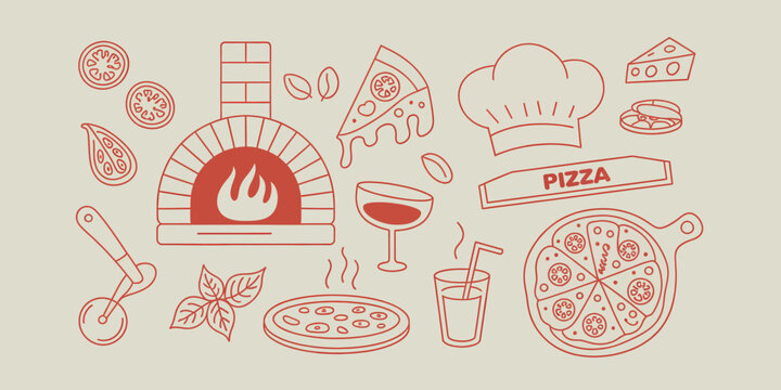 Set of handdrawn pizza themed icons and elements outline sketch vector illustration