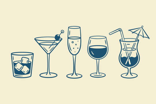 Set of various alcoholic cocktails and drinks in different glasses outline sketch vector illustration