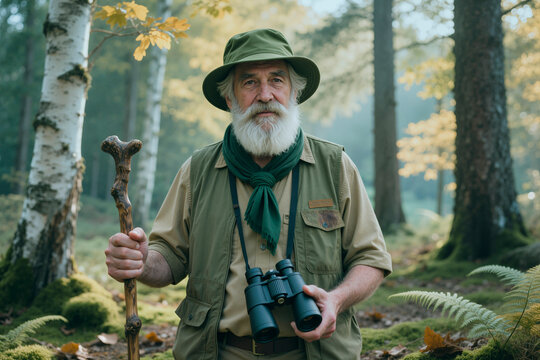 Portrait of Caucasian senior man hiking and birdwatching in forest, holding binoculars and walking stick, representing active retirement and ecotourism