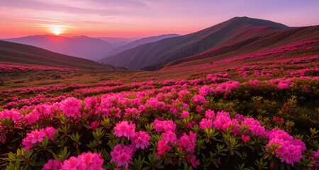 Fototapeta premium Rhododendron flowers covered mountains meadow in summer time. Pink sunrise light glowing on a foreground. Landscape photography 