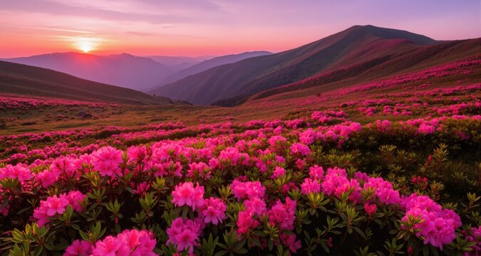 Rhododendron flowers covered mountains meadow in summer time. Pink sunrise light glowing on a foreground. Landscape photography
