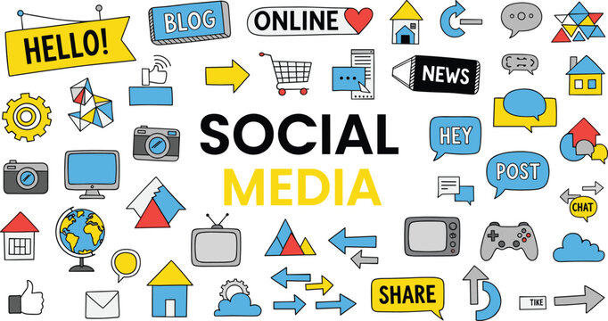 Hand drawn social media doodles set featuring blog, news, chat bubbles, camera icons, and digital marketing elements in a colorful sketch style.