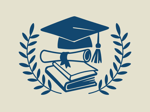 Graduation icon with mortarboard, diploma, and books outline sketch vector illustration