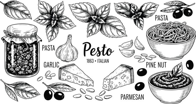 Hand drawn Italian pesto sauce ingredients set with basil leaves, garlic, parmesan cheese, pine nuts, olive oil, and pasta bowls in vintage engraved sketch style.