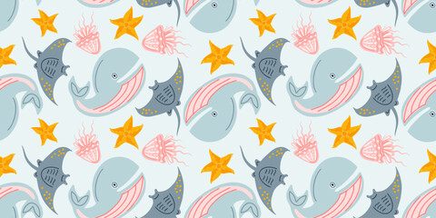 Fototapeta premium Seamless Scandinavian style pattern with whales, rays and jellyfish in pastel tones. Cute marine vector design for kids textile, wallpaper, packaging and nursery decor.