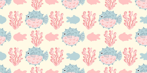 Adorable seamless pattern with smiling puffer fish, corals and small fish. Soft pastel marine design on white background, perfect for baby shower, kids textile and nursery decor. © Alena
