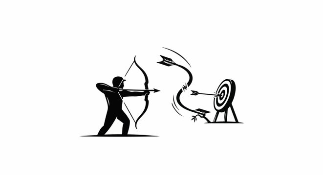 Silhouette archer aims at target with arrows in flight