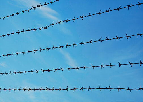 Jail barbed wire with blue sky backdrop
