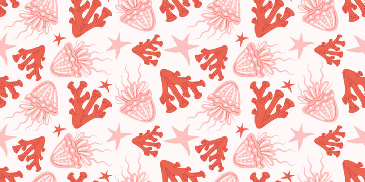 Seamless marine pattern with corals, jellyfish and starfish in coral pink tones. Light summer print ideal for kids textile, wallpaper, packaging and ocean decor.