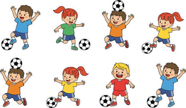 Set of cute cartoon children playing soccer featuring boys and girls kicking, dribbling, and balancing footballs in a flat vector style for kids sports.