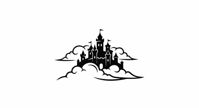 Silhouette of a fairy tale castle atop billowing clouds