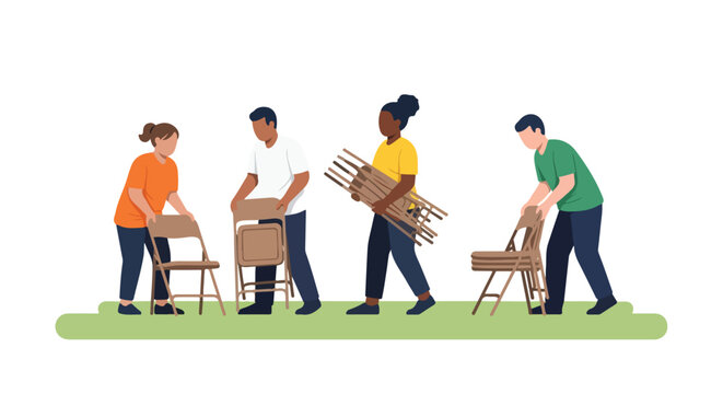 Four diverse people setting up and arranging folding chairs on a green surface