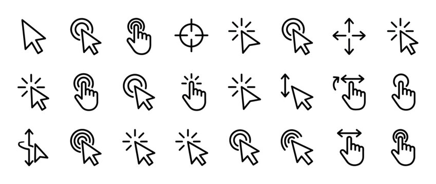 Large collection of black line cursor icons for user interface design, including arrow, hand, click, and loading pointers in a minimalist vector style for web and app navigation