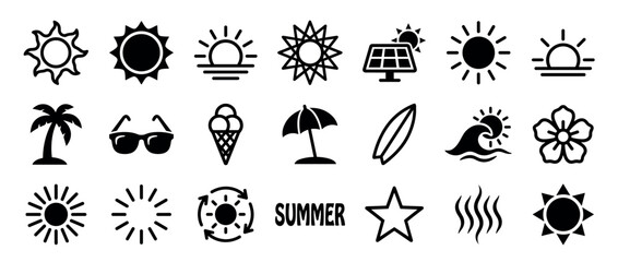 Fototapeta premium Collection of black summer vacation icons featuring a sun, palm tree, sunglasses, ice cream, and surfboard, illustrating a travel and holiday theme with simple, flat graphic symbols