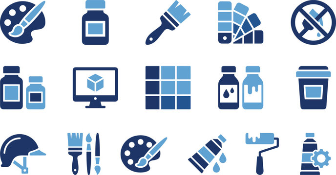 Art and design icon vector illustration featuring palette, brushes, paint tubes, monitor, swatches, roller, and creative symbols