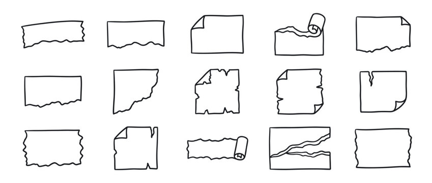 Hand drawn doodle set of torn paper scraps, ripped notes, and empty page outlines in a minimalist sketch style for creative design elements and message templates