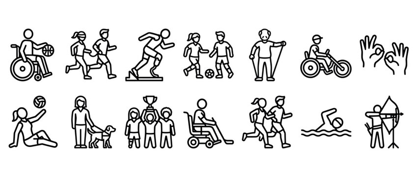 Set of black line art icons representing disability and inclusion, featuring diverse pictograms of paralympic athletes, people with guide dogs, and adaptive sports activities
