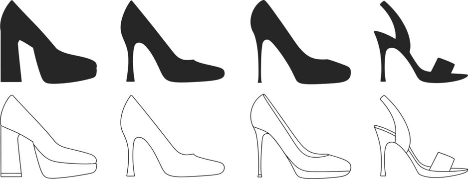 Womens high heel shoes icon set outline fashion footwear elegant vector illustration