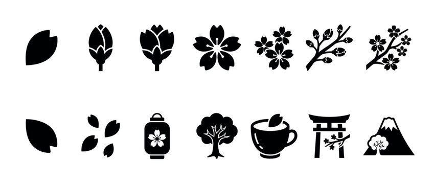 Set of black cherry blossom icons depicting various stages of growth and related cultural symbols like a torii gate, lantern, and mountain in a clean silhouette style