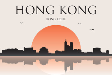 Fototapeta premium Minimalist contemporary Japanese-style drawing of a half sun skyline with water reflection poster panorama of HONG KONG, CHINA