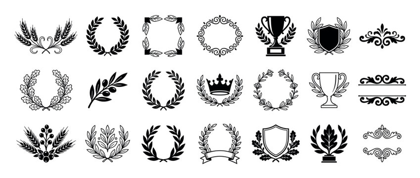 Collection of vintage heraldic award symbols with laurel wreaths, oak branches, trophy cups, shields, and royal crowns in a simple black silhouette style