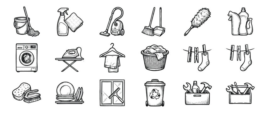 Large set of hand-drawn icons representing household chores, cleaning supplies, and home maintenance tasks in a detailed vintage sketch and engraving style illustration