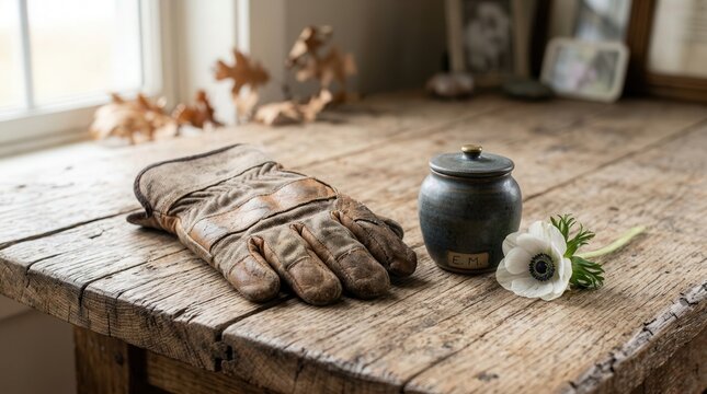 Cremation urn selection with rustic wooden table, antique leather gloves, and delicate flower. Cremation urn paired with sentimental elements like gloves and flower creates soothing atmosphere.