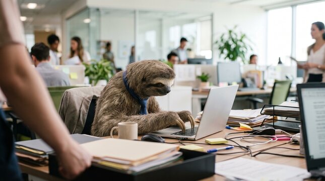 Sloth working at a laptop in an office setting