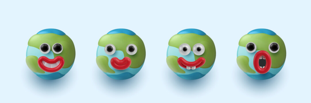 Set of cute 3D cartoon Earth globe characters with various facial expressions including happy, smiling and surprised. Vector illustration for Earth Day or environmental education.