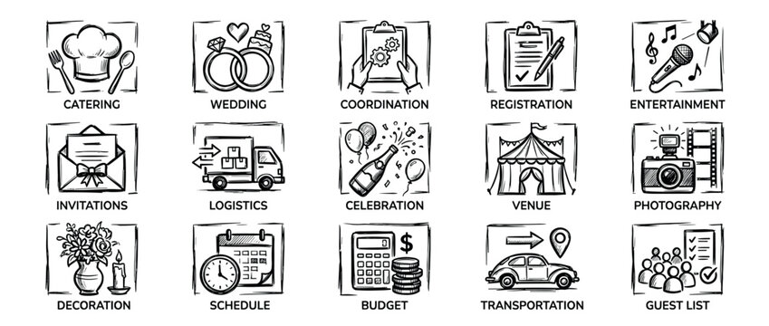 Wedding and event management icon collection with fifteen hand-drawn doodle symbols for planning services like catering, venue, photography, budget, and transportation