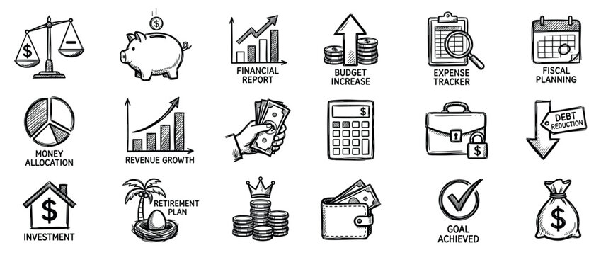 Hand-drawn financial and business icon set featuring doodle-style illustrations for concepts like investment, budget, revenue growth, retirement planning, and money management
