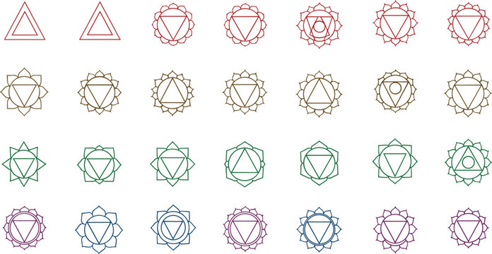 Geometric symbol vector illustration featuring layered triangles, mandalas, chakra‑like designs, and colorful symmetrical patterns