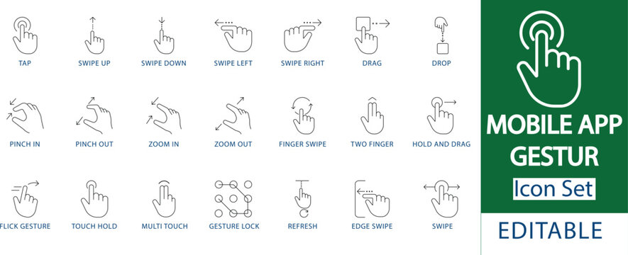 Mobile App Gesture Icon Set: Professional Touch Interaction, Finger Swipe And Tap, Multi-Touch Zoom, Drag And Drop, And User Interface Navigation Line Icons.