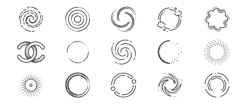 Collection of abstract circular and spiral icons in a hand-drawn line art style, featuring various symbols like vortexes, galaxies, sunbursts, and geometric shapes for creative projects