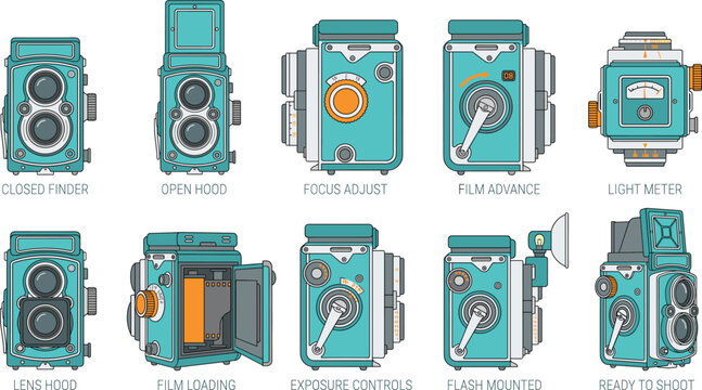 Vintage Twin Lens Reflex Camera Functions Vector Set Showing Operation Steps Controls and Components for Analog Photography Equipment Isolated on White Background