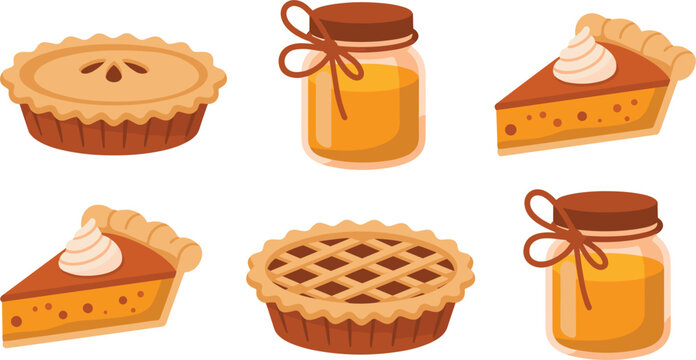 Set of delicious fall dessert vectors featuring apple pie, pumpkin pie slices with cream, and honey jars for autumn harvest celebrations isolated on a white background.