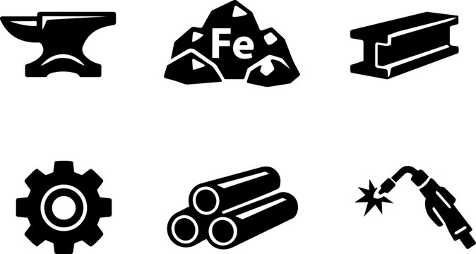 Metal Industry and Blacksmith Work Black Icon Set. Vector