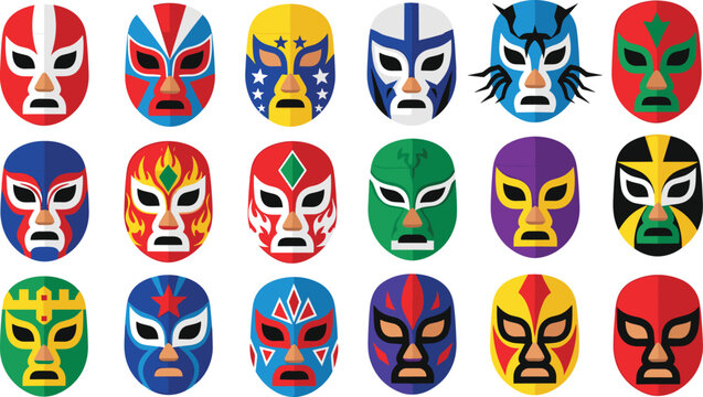 Lucha libre mask vector illustration featuring colorful Mexican wrestling masks with flames, stars, geometric, and animal designs