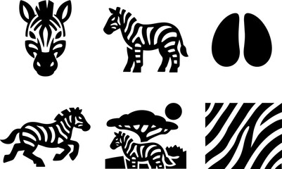 Obraz premium Zebra Wildlife and African Safari Black Silhouette Icons. Vector