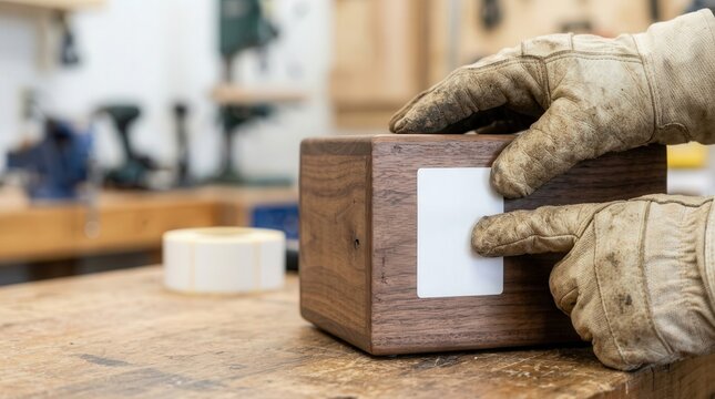 Craftsman selecting cremation urn design in workshop, focusing on wooden urn, applying label, creating personal memorial piece. Thoughtful selection for cremation urns on display and workshops.