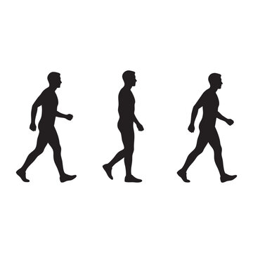 Three distinct black silhouette figures depicting a sequential walking cycle on a clean white background featuring sharp vector edges and minimalist human movement