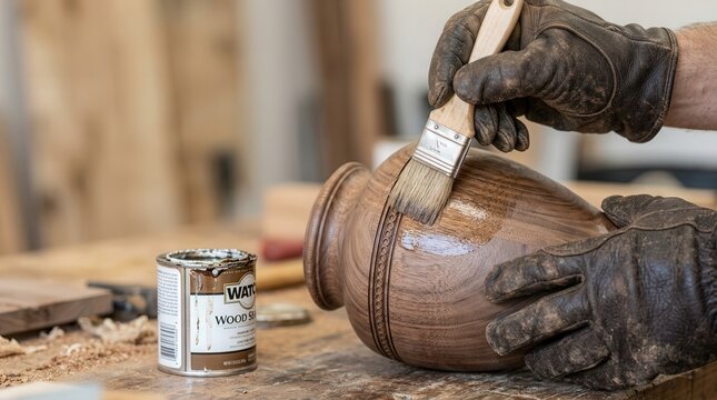 Crafting wooden cremation urn with skilled hands applying varnish, showcasing intricate design and craftsmanship. Wooden urn selection process emphasizes artistry and care for final resting place.