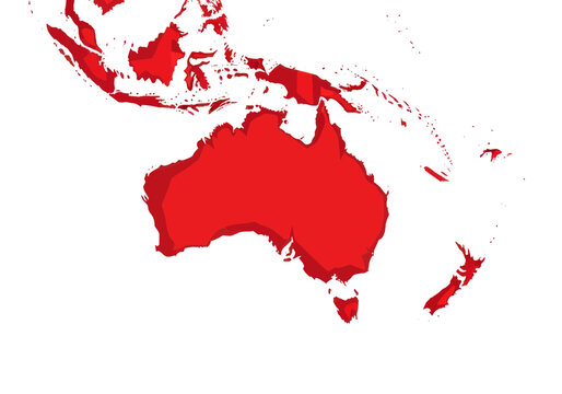 Australia and Oceania Map - Red Silhouette on White Background