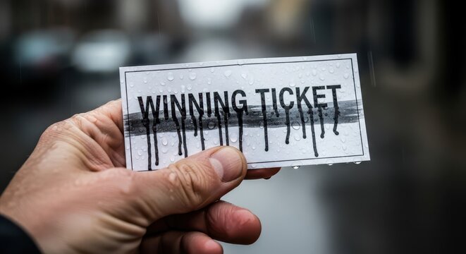 Hand holds a rain-drenched piece of paper featuring the words winning ticket with ink running down.