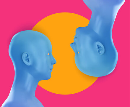 Abstract 3D composition of two blue human busts facing each other, one upright and one inverted, set against vibrant pink background with central yellow circle. Concept of duality, perspective, and ps
