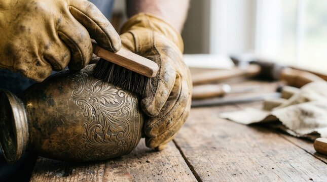 Handcrafted cremation urn being polished on wooden table with artisan tools nearby. Craftsmanship involves detailed cleaning using brush and cloth, showcasing beauty of urn.