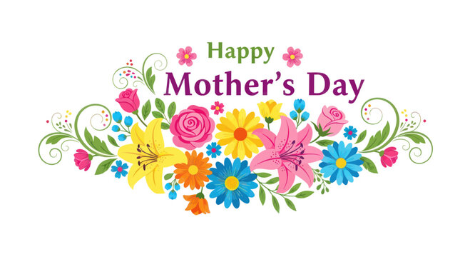 Happy Mother's Day floral banner with colorful flowers and leaves