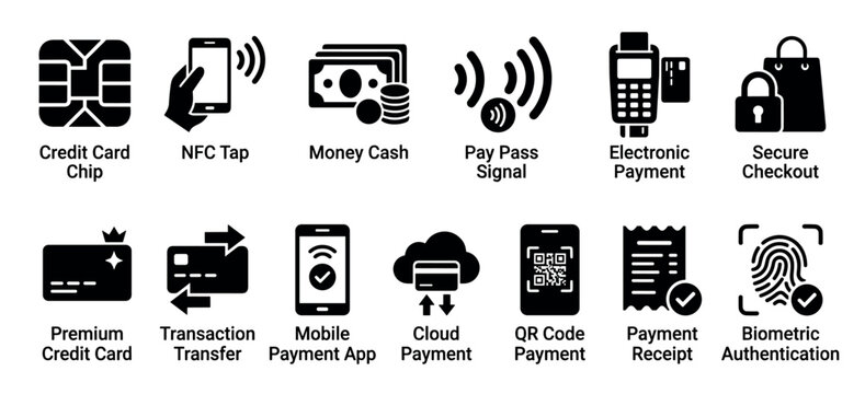Set of black solid glyph icons for payment methods and fintech including credit card chip, NFC, cash, contactless signal, POS terminal, secure checkout, and biometric authentication