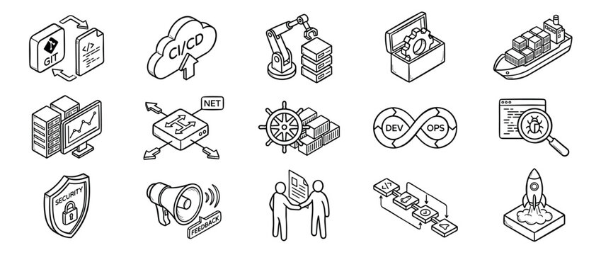 Set of hand-drawn isometric DevOps icons for software development, illustrating concepts like CI/CD, automation, deployment, security, and collaboration in a monochrome line art style