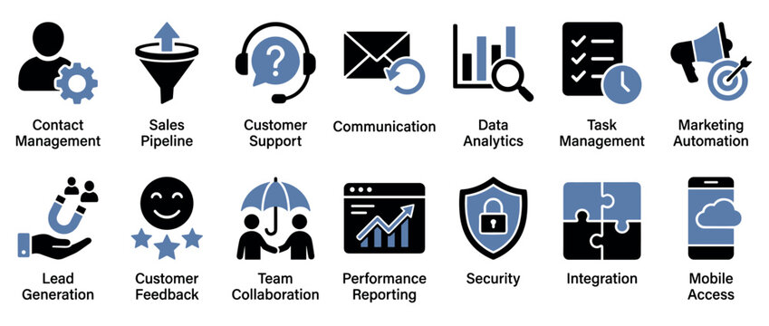 Collection of flat two-color business icons for customer relationship management, including sales pipeline, marketing automation, data analytics, and security concepts for software